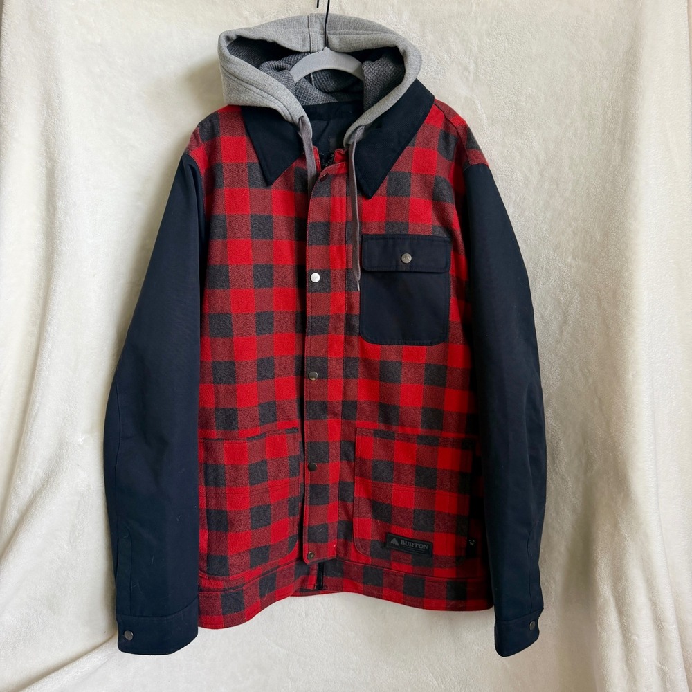 Burton Dunmore Buffalo Plaid Hooded Snowboard Jacket Size L Thermolite Coat